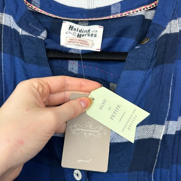NWT Holding Horses Anthropologie Blue Plaid Half Button Raw Hem Tunic Top 2 - Picture 6 of 8